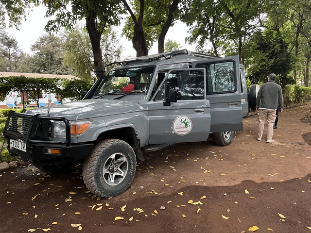       Safari vehicle with a man standing nearby.
  