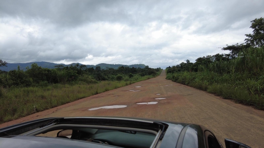 A rural road surrounded by greenery and a cloudy sky.
