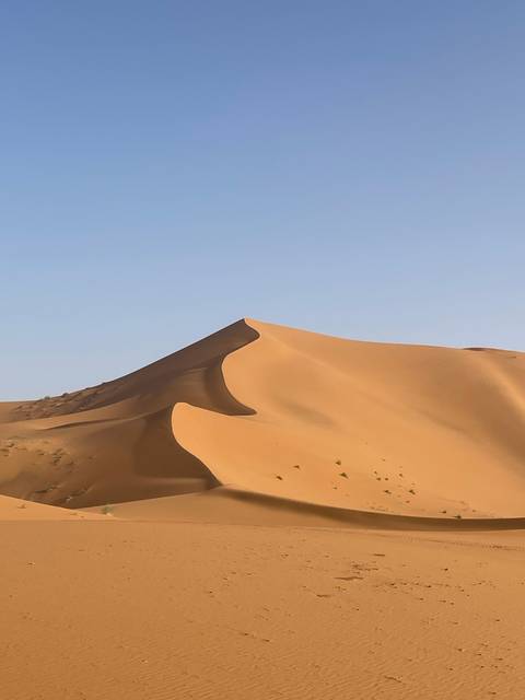 Sand dunes with ripples under a blue sky.