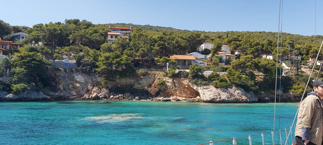       Turquoise waters along the coastline with houses and trees.
  