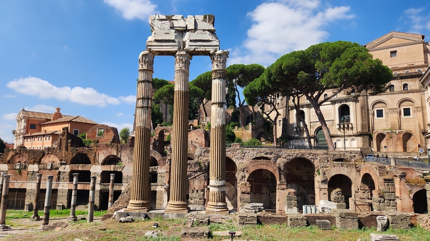       Ancient Roman ruins with columns and trees.
  