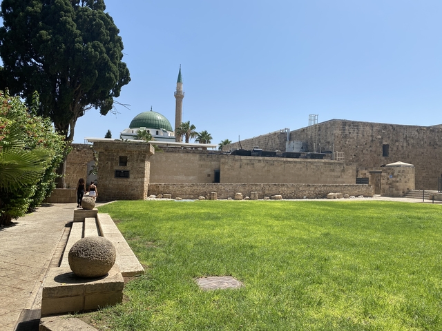       A mosque with a green dome seen over a historic wall.
  