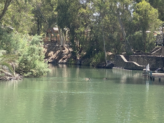 Calm river with trees lining its banks and wooden structures.
