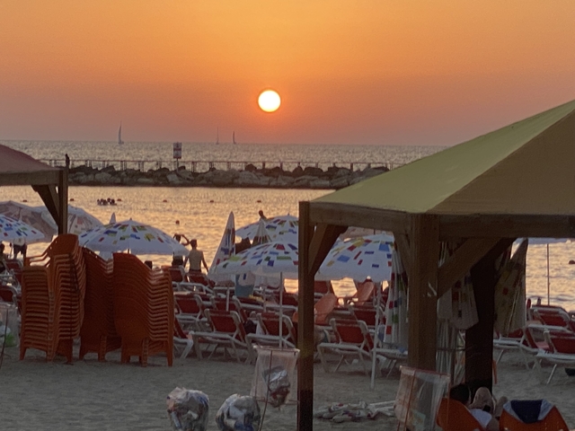       A sunset view over a beach with sun loungers and umbrellas.
  