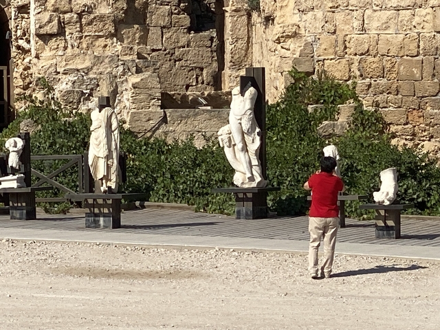       A person photographing classical statues displayed outdoors.
  