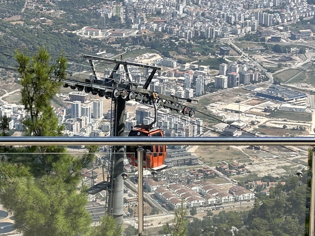 Cable car with a panoramic city view.