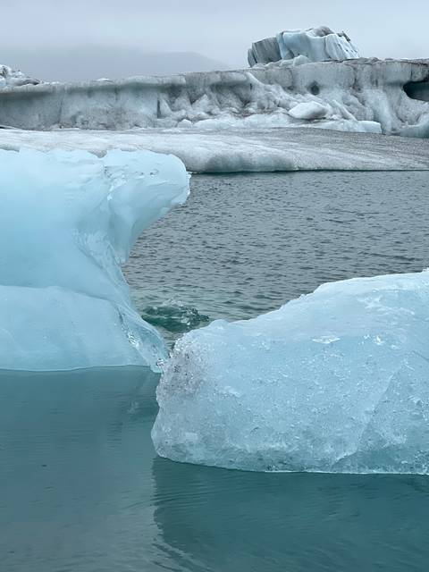 Large icebergs floating in a lagoon.