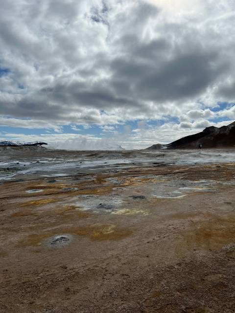       Geothermal area with steam rising from the ground.
  