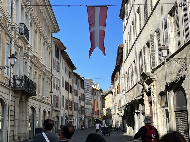       Street scene in Chambery, France with flags hanging between buildings.
  