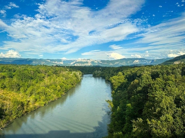       Scenic view of a river surrounded by lush greenery with mountains in the background.
  