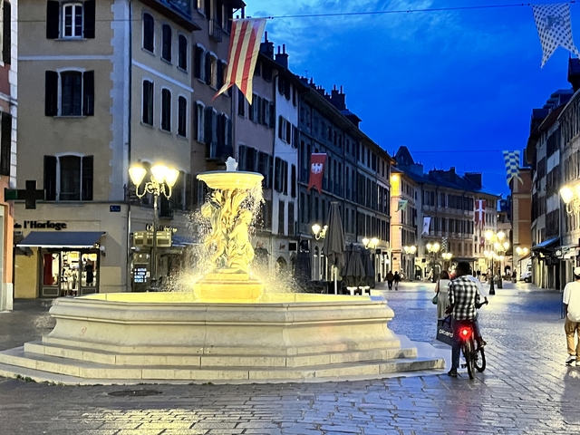       Evening view of a street with a fountain surrounded by historical buildings.
  
