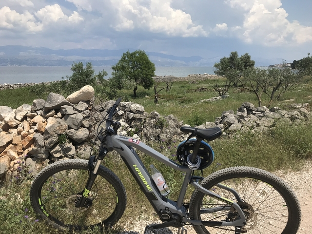 Bicycle on a rocky path with trees overlooking the sea.