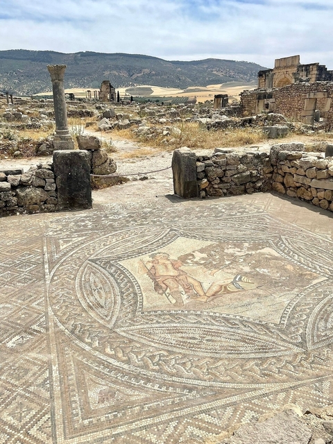 Ancient mosaic on the floor of an archaeological site.