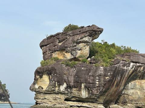       Large rock formation with trees at the top.
  