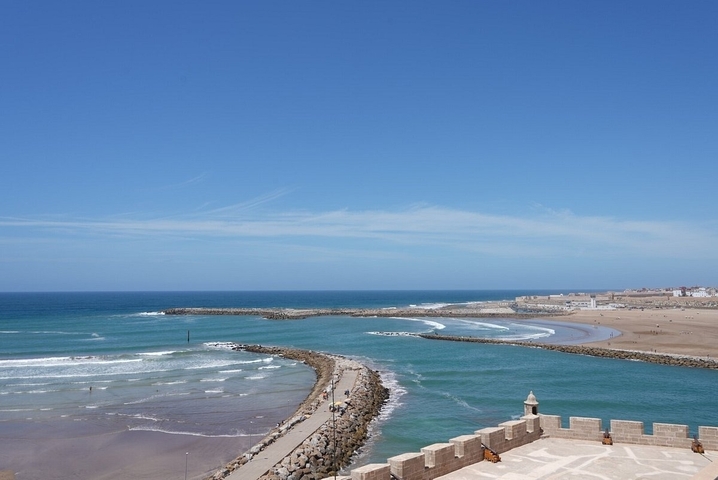       Coastal view with breakers and cityscape in the distance.
  