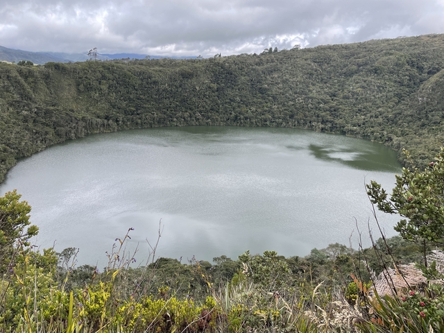       Crater lake surrounded by dense forest
  