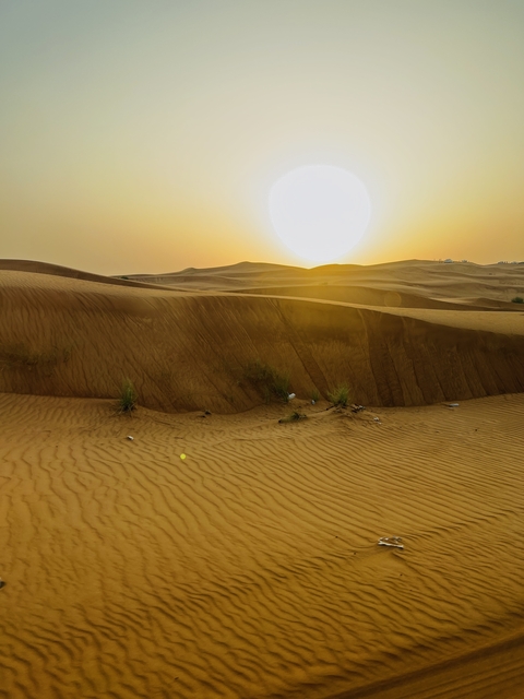       Sunset over sand dunes in a desert landscape.
  