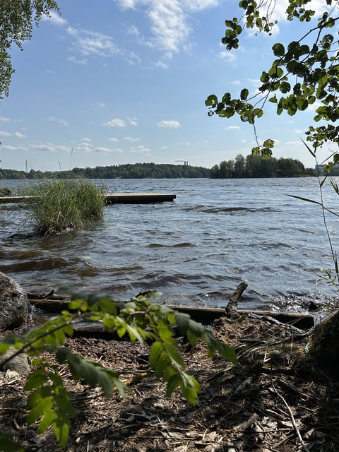       Wide view of a lake with a dock and distant shore.
  