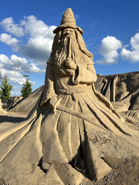       Detailed sand sculpture of a knight.
  