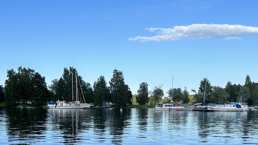       Various boats docked on a calm lake.
  