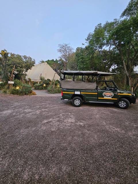       Safari vehicle parked at a lodge.
  