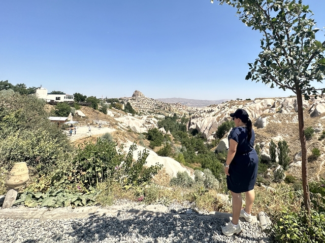       Woman overlooking a rocky landscape with distinct rock formations.
  