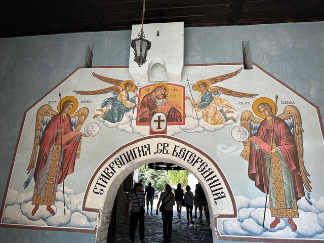       Beautiful church fresco with religious imagery.
  