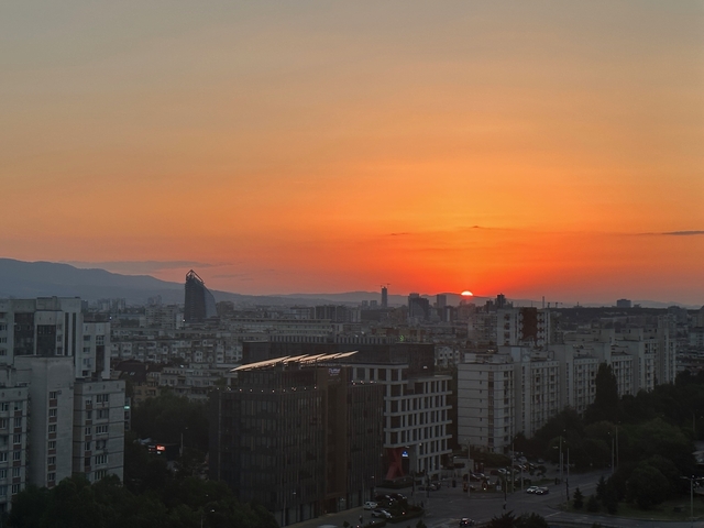 City skyline at sunset.