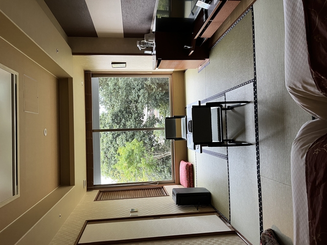       Room with traditional Japanese decor and view of trees outside.
  