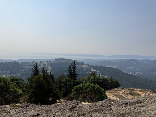 Panoramic view of forested hills and distant mountains.
