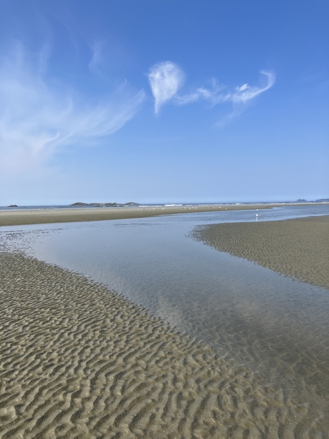 Shallow water on a sandy beach with distant islands.