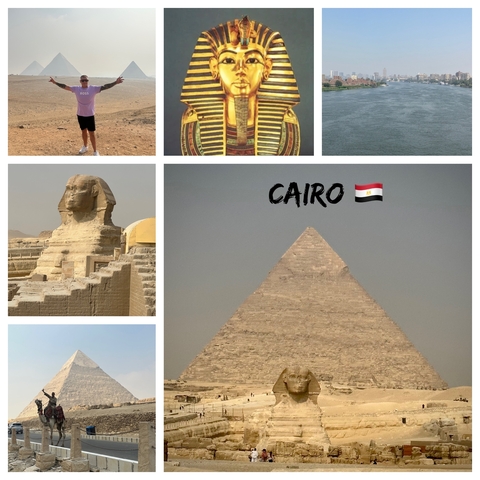 Collage featuring the Pyramids and the Sphinx in Cairo.