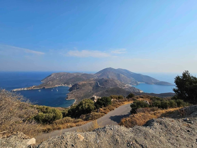       Aerial view of mountainous peninsula with sea on both sides.
  