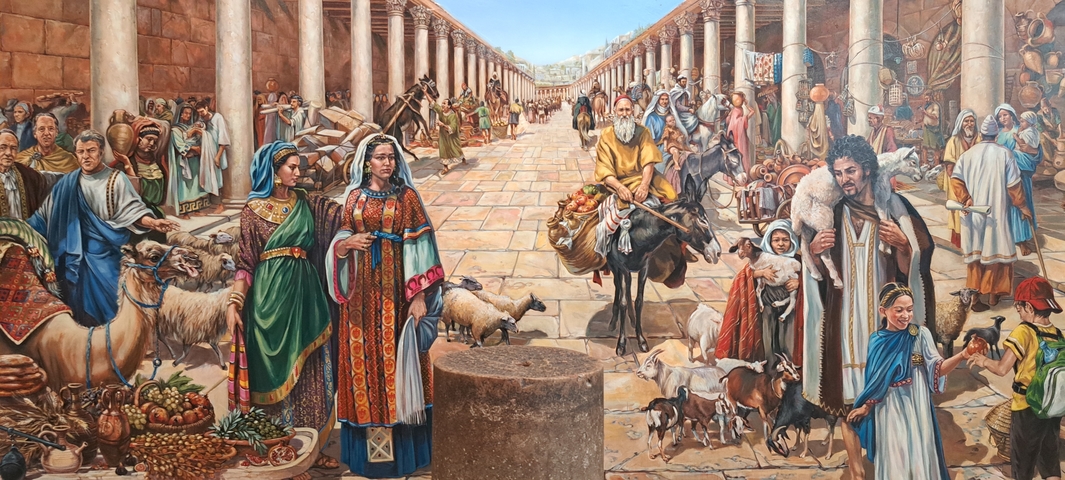 Mural depicting an ancient market scene with people and animals.