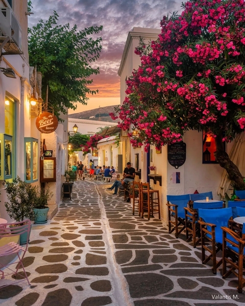 Charming street with colorful flowers and cafes at sunset.