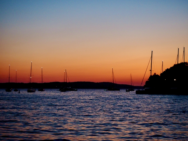       Sunset over the water with silhouettes of sailboats.
  