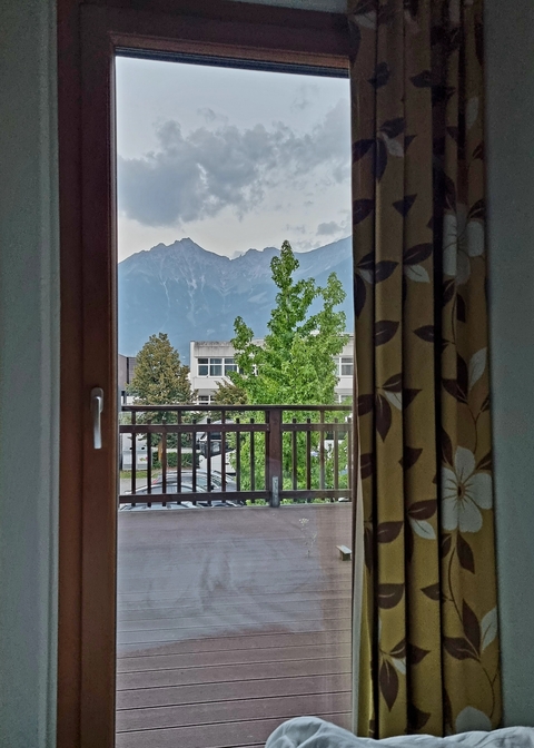 Mountain view from a window with a tree in the foreground.