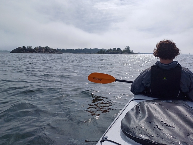 Person kayaking on a sunny lake.