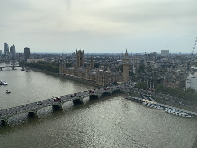 Aerial view of the River Thames with the Houses of Parliament and Elizabeth Tower in London.