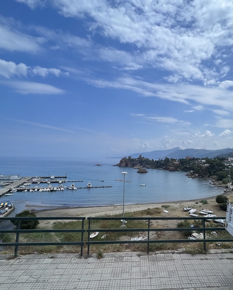       Scenic view of a harbor with boats and distant mountains.
  
