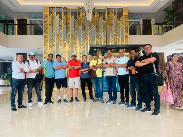 Group of tourists in a hotel lobby