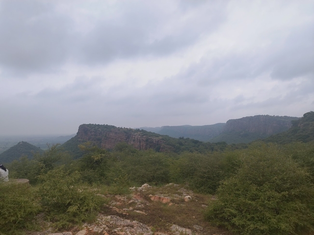       Rocky cliffs and greenery under a cloudy sky.
  