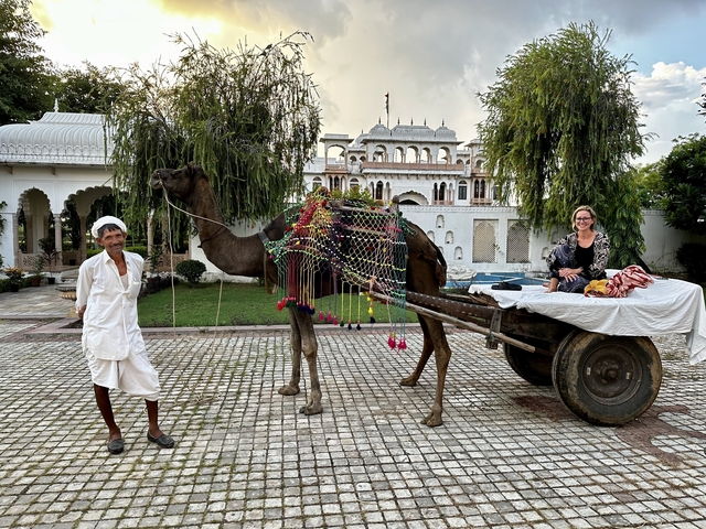       A camel and a cart with people in traditional attire in front of a palace.
  