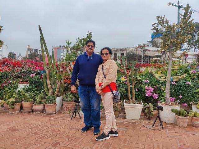       Couple posing in a garden with flowers and cacti.
  