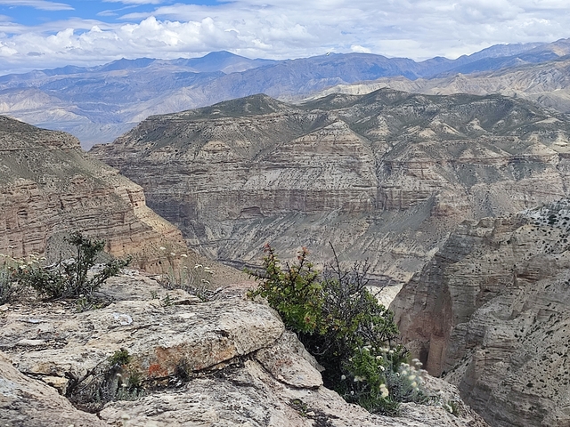 Deep canyon with rugged terrain and sparse vegetation.