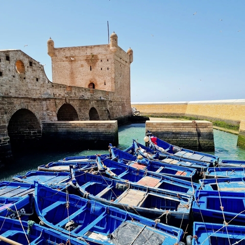       Boats moored in front of a historic fortress.
  