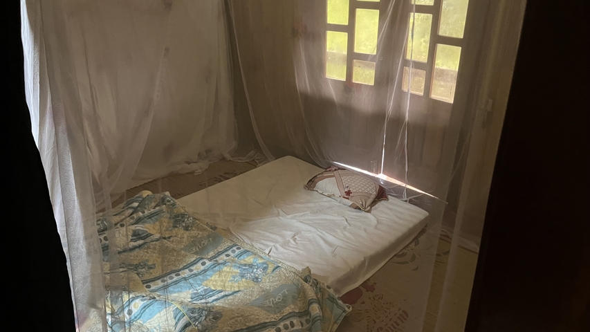       Simple bedroom with a mat and mosquito net, next to a window.
  