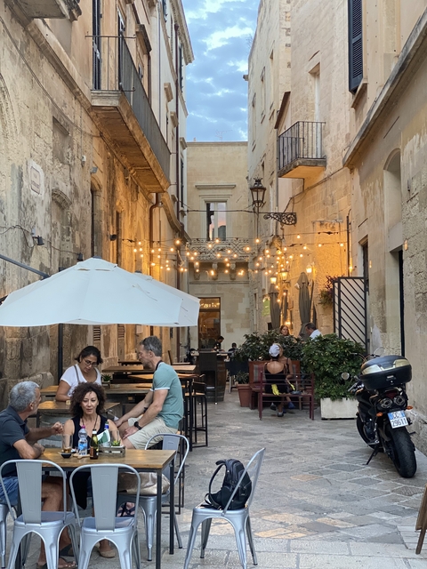       Cozy outdoor restaurant with string lights and customers dining.
  