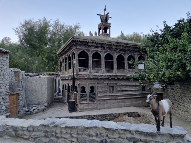 Wooden traditional building with ornate carvings and a goat nearby.