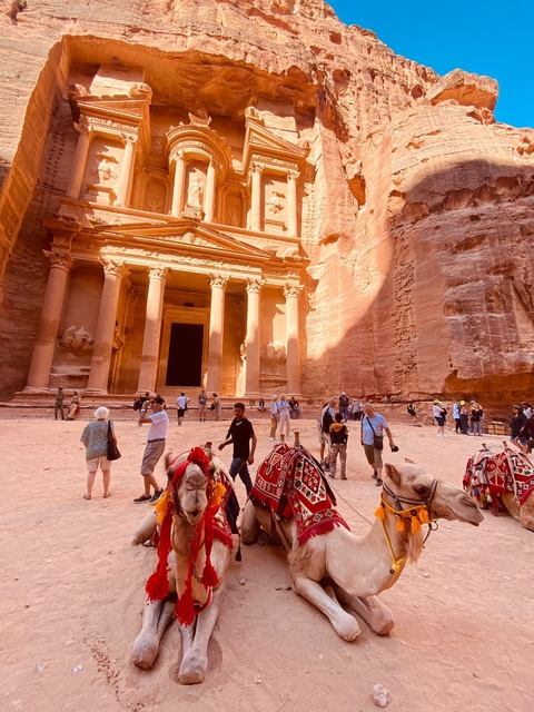       Tourists and camels at the entrance of the ancient city of Petra.
  